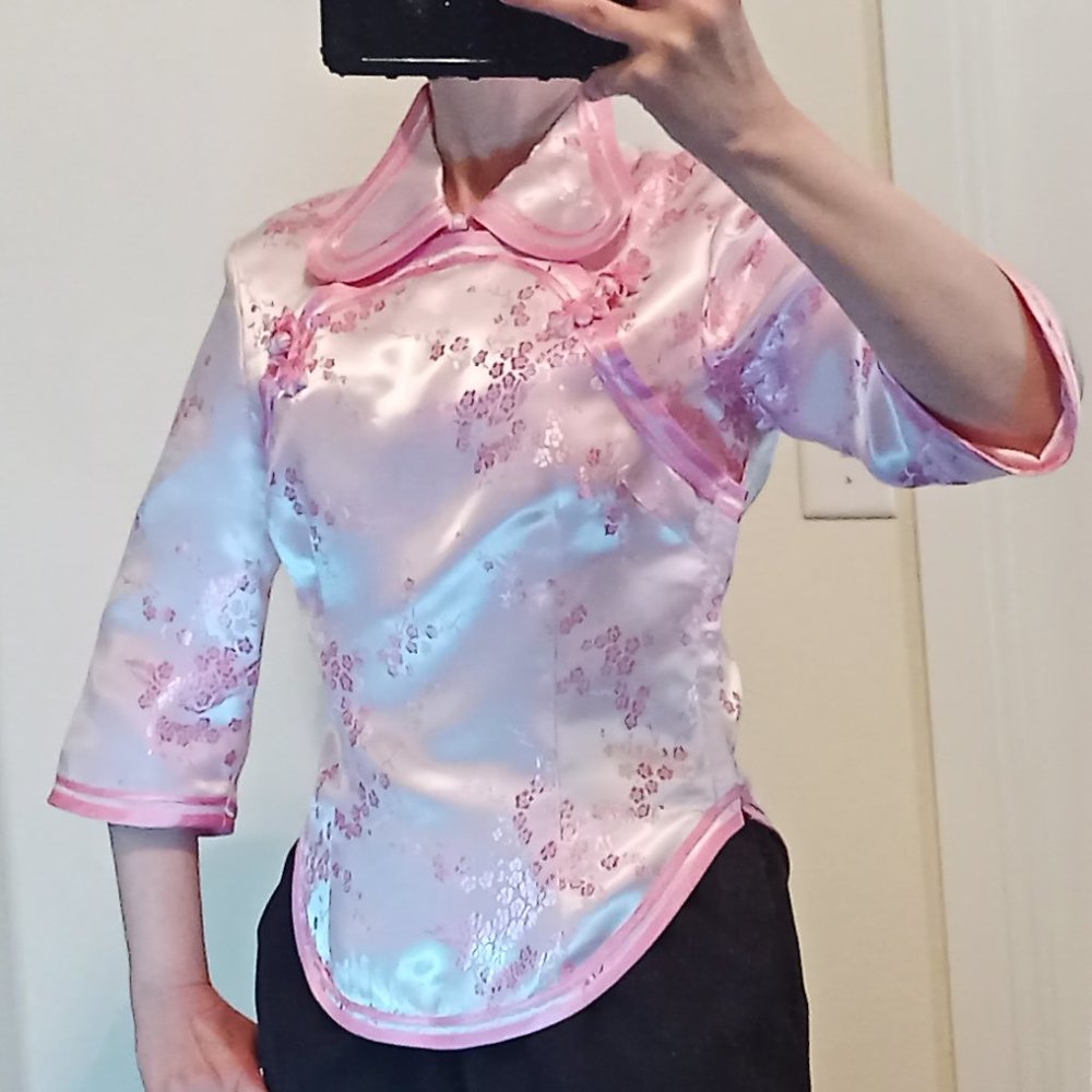 Pink Chinese Formal Traditional Cherry Blossom Shirt Women's Small Frog Ties